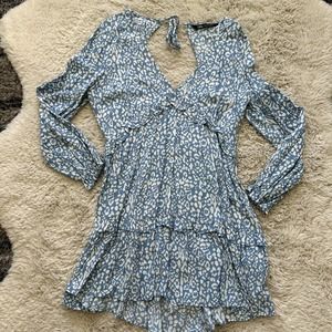 Zara Blue Floral Long Sleeve Ruffle Boho Dress with Keyhole Back and Tie Size M